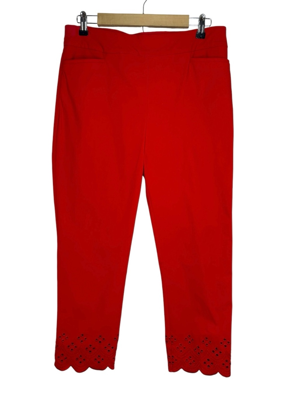 Chico's Vibrant Red Stretchy Slim Scalloped Pull On Ankle Pants 10R Work Casual